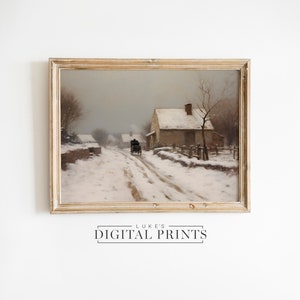 Decoración IMPRIMIBLE de campo nevado - Descarga de impresión digital - Pintura al óleo de invierno rústica neutra - Arte de pared de paisaje navideño vintage