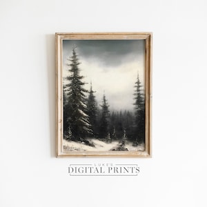 Winter Pine Forest PRINTABLE Christmas Decor - Digital Print Download - Festive Xmas Holiday Painting - Rustic Snowy Landscape Wall Art
