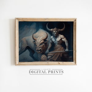 Minotaur Dark Art Print - Digital Download - Mythical Creature Art Wall Decor PRINTABLE - Ancient Greek Mythology Dark Art Portrait Painting