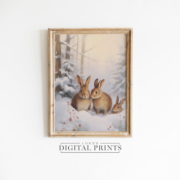 Snowy Woodland Art PRINTABLE Decor - Digital Print Download - Festive Rabbits Wall Art - Holiday Landscape Cozy Bunny Painting