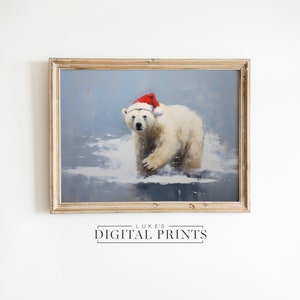 Christmas Polar Bear PRINTABLE Decor - Digital Print Download - Winter Wildlife Painting Wall Art - Festive Xmas Bear Portrait