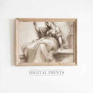 Vintage Classical Portrait Drawing - Digital Print Download - Antique Roman Woman Sketch Art - PRINTABLE  Female Pencil Drawing Wall Decor