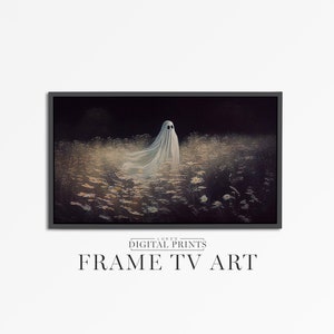 FRAME TV アート デジタル ダウンロード - ハロウィーンの花のゴースト ペインティング フレーム アート - Samsung Frame TV 用のゴースト ワイルドフラワー アートワーク
