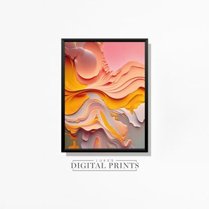 May include: Abstract digital art print featuring a colorful, layered design in shades of pink, orange, and yellow. The design resembles a landscape with flowing lines and curves.