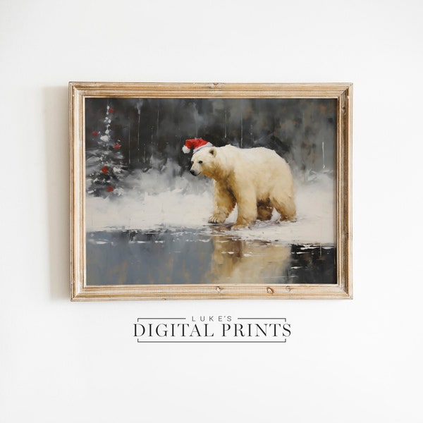 Vintage Christmas Polar Bear PRINTABLE Decor - Digital Print Download - Winter Wildlife Oil Painting - Festive Santa Hat Wall Art