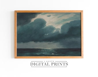 Moody Ocean Gemälde - Digitaldruck Download - Muted Küstenwand Kunst - Dunkle Seelandschaft Boot Haus Dekor DRUCKBAR