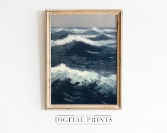 Nautical Blue Ocean Painting - Digital Print Download - Vintage Seascape Wall Decor - Muted Coastal Wall Art PRINTABLE