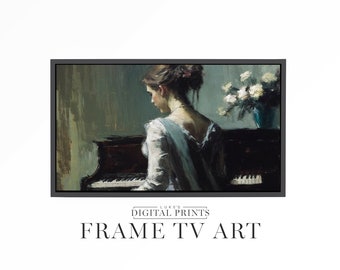 Samsung FRAME TV Art - Vintage Painting Woman Playing Piano For Frame TV - Impressionist Moody Victorian Female Digital Download