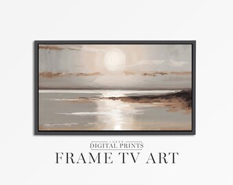 Samsung FRAME TV アート デジタル ダウンロード - 落ち着いたビーチ シーンの油絵フレーム アートワーク - Samsung Frame TV 用の暖かいトーンの海岸の海のアート