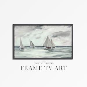 FRAME TV Art Digital Download - Nautical Sailboat Oil Painting For Samsung Frame TV - Rustic Muted Seascape Coastal Ocean Frame Art Download