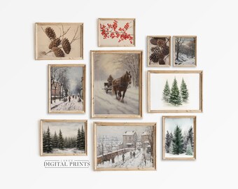 Galleria d'arte da parete invernale Set di decorazioni STAMPABILE di 10 - Download di stampe digitali - Collezione di dipinti per le festività natalizie - Opere d'arte natalizie vintage