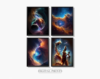 Kosmische Outer Space Art Print Set van 4 - Digitale Downloadbundel - AFDRUKBARE Galaxy Wall Art