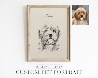 Croquis de portrait de chien personnalisé à partir de la photo - imprimable en téléchargement numérique - dessin d'art mural chat mignon personnalisé