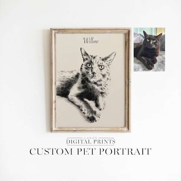 Personalized Pet Cat Portrait From Photo - Digital Download Artwork - CUSTOM Dog Drawing - Hand Drawn Sketch Of Cute Kitten & Puppy