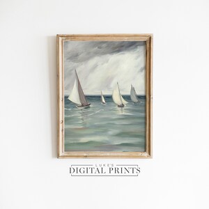 Nautical Sailboat Oil Painting - Digital Print Download - Vintage Sea Boat Art Decor - Rustic Muted Seascape Coastal Ocean Art PRINTABLE