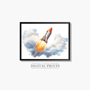 Retro Spaceship Art Print - Digital Download Poster - PRINTABLE Colorful Rocket Blasting Off Painting - Boys Room Wall Art
