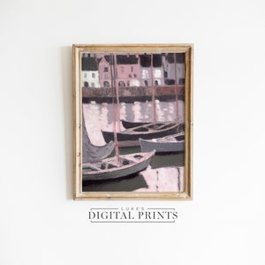 Vintage Sailboat Oil Painting - Digital Print Download - Nautical Boat Port Art Decor - Rustic Seascape PRINTABLE Coastal Ocean Art Print
