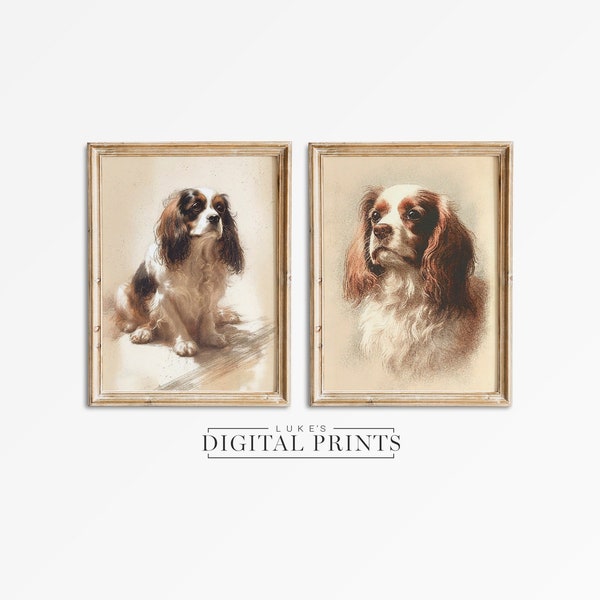 Cavalier King Charles Spaniel Portrait Drawing Set Of 2 - Digital Print Download Bundle - PRINTABLE Pet Dog Wall Art Sketch's