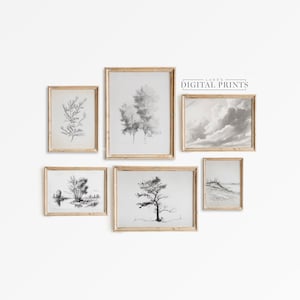 Tree Landscape Drawing Print Set Of 6 - Digital Art Download Bundle - Minimalist Wall Decor PRINTABLE Botanical Sketch&#39;s