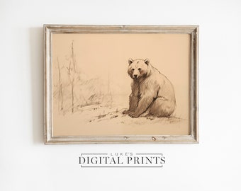 Antike Bär Zeichnung - Digitaler Kunst-Druck Download - Wald Wildtier Skizze DRUCKBARE minimalistische Tier Porträt
