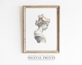Impresión artística de busto de mujer neoclásica - Descarga digital - Escultura minimalista para decoración de pared - Arte moderno neutro imprimible