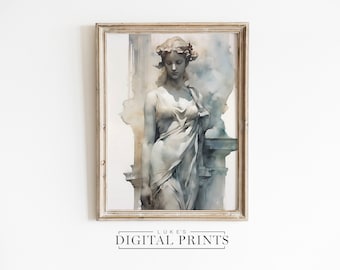 Escultura de mujer romana, impresión en acuarela - Descarga de arte digital - Pintura de retrato femenino IMPRIMIBLE Obra de arte clásica