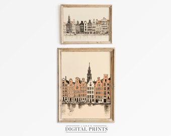 Venice Minimalist Architecture Drawings PRINTABLE Set Of Two - Digital Art Downloads - Modern Cityscape Sketch's - European Town Prints