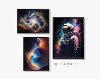 Space Art Painting Print Set van 3 - Levendige Astronaut AFDRUKBARE Muurkunst - Digitale downloadbundel