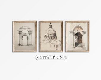 Historical Architecture Drawing Art Print Set Of Three - Digital Download Collection - Classical Rome Cityscape PRINTABLE Sketch's