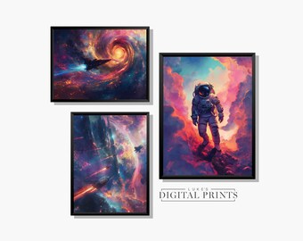 Paquete de carteles de arte de ciencia ficción interestelar - Conjunto de impresión de descarga digital de 3 - Obra de arte de nave espacial futurista - Pinturas púrpuras nubladas IMPRIMIBLES
