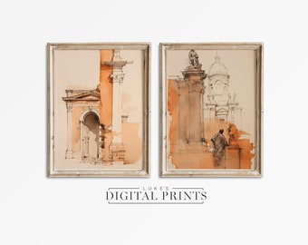Roman Architecture Watercolor Print Set Of Two - Digital Art Downloads - PRINTABLE Classical Cityscape Drawings Bundle