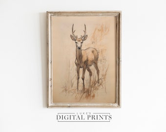 Stag Drawing Art Print - Digital Download - Nature Sketch Wall Decor - PRINTABLE Woodland Deer Artwork