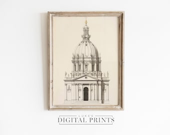 May include: Framed architectural print featuring a detailed black and white illustration of a domed cathedral. The artwork is set against a cream-colored background and is enclosed in a distressed, light-brown wooden frame. The text "LUKE'S DIGITAL PRINTS" is printed at the bottom.