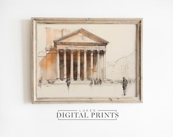 Ancient Roman Pantheon Sketch PRINTABLE - Digital Print Download - Minimalist European Architecture Landscape Drawing