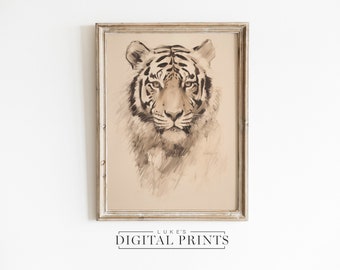 Tiger Portrait Art Print - Digital Download - Big Cat Rustic Sketch - PRINTABLE Majestic African Wildlife Color Drawing Artwork