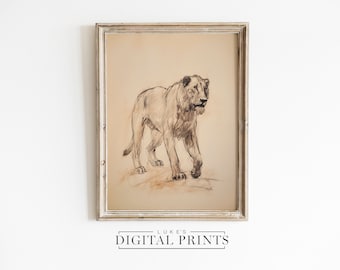 Female Lion Drawing Print - Digital Print Download - African Wild Animal Minimalist Sketch - Neutral Rustic Big Cat Artwork PRINTABLE