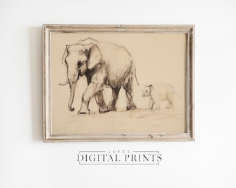 African Elephant Drawing Art Print - Digital Download - Neutral Wildlife Portrait Sketch Artwork PRINTABLE Vintage Nature Decor