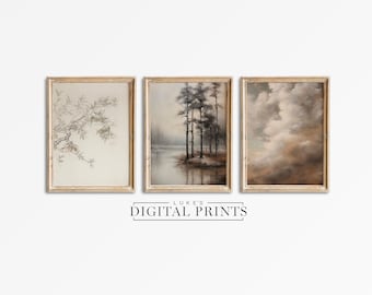 Rustic Muted Landscape Print Set Of Three - Digital Download Art Gallery - Vintage Neutral Branch Drawing PRINTABLE Wall Decor