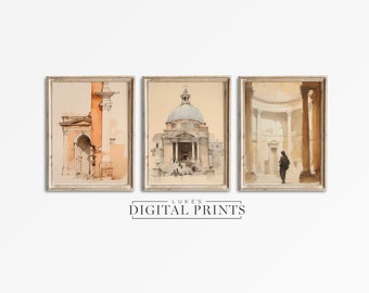 Set of 3 Classic Architecture Sketch Prints - Digital Download Art Collection - Neutral Rome Drawings PRINTABLE Home Wall Decor