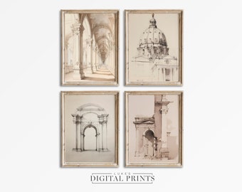 Architecture Drawing Print Set Of 4 - Digital Download Collection - Classical Roman Cityscape Sketch's PRINTABLE