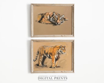 Tiger Art Wildlife Print Set Of 2 - Digital Download Collection - African Animal Color Drawings PRINTABLE Big Cat Sketch Artwork