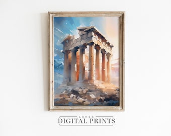 Classical Greek Temple Art Print - Digital Painting Download - European Building Watercolor PRINTABLE Ancient Architectural Wall Decor