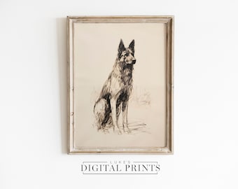 Sitting Big Dog Portrait Drawing - Digital Art Print Download - German Shepherd Sketch PRINTABLE Pet Lovers Gift Artwork