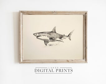 Vintage Shark Drawing Art Print - Digital Download - Nautical Ocean Sketch - PRINTABLE Majestic Sea Creature Wall Decor