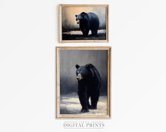 Minimalist Black Bear Art Print Set Of 2 - Digital Downloads - PRINTABLE American Wildlife Wall Decor Paintings