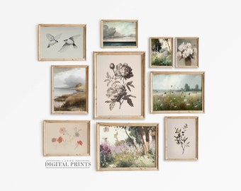 Antique Gallery Wall Art Print Set Of 10 - Digital Download Collection - PRINTABLE Neutral Floral Countryside Landscape Artworks