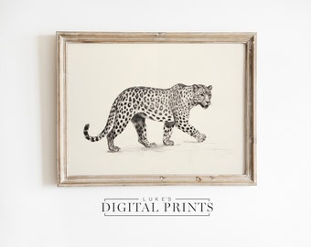 Leopard Drawing Art Print - Digital Download - Minimalist Wildlife Portrait Artwork - Cheetah Sketch - Rustic Style Big Cat PRINTABLE
