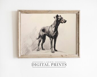 Black Doberman Sketch Art Print - Digital Download - Minimalist Big Pet Dog Drawing PRINTABLE Rustic Canine Artwork