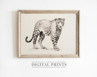 Leopard Wall Art Wildlife Print - Digital Download - African Wild Animal Portrait Sketch PRINTABLE Cheetah Drawing
