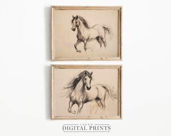 Horse Sketch Print Set Of 2 - Digital Download Bundle - Minimalist Horse Drawings Wall Decor - PRINTABLE Artistic Wildlife Artwork